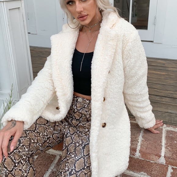 Jackets & Blazers - beige winter teddy button faux fur pea coa…
